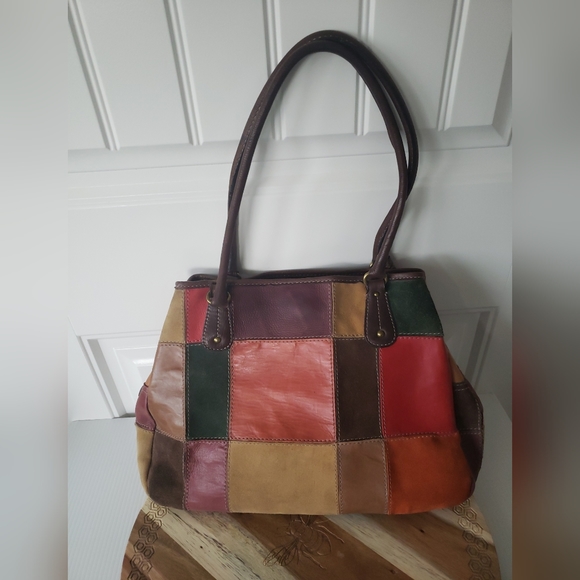 Fossil 1954 Suede Leather Multi Color Patchwork Double Handle Satchel key Fob - Picture 2 of 6
